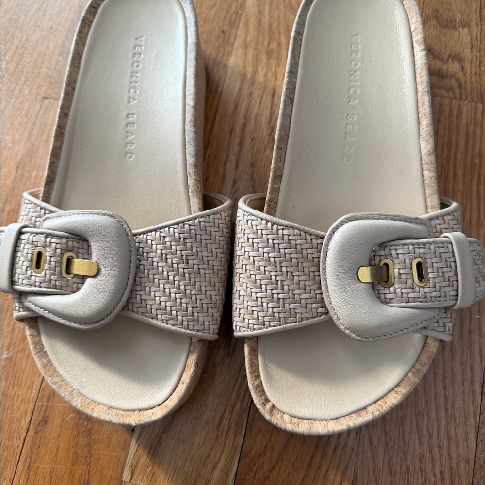 Veronica Beard Neutral Woven Buckle Slide Sandals